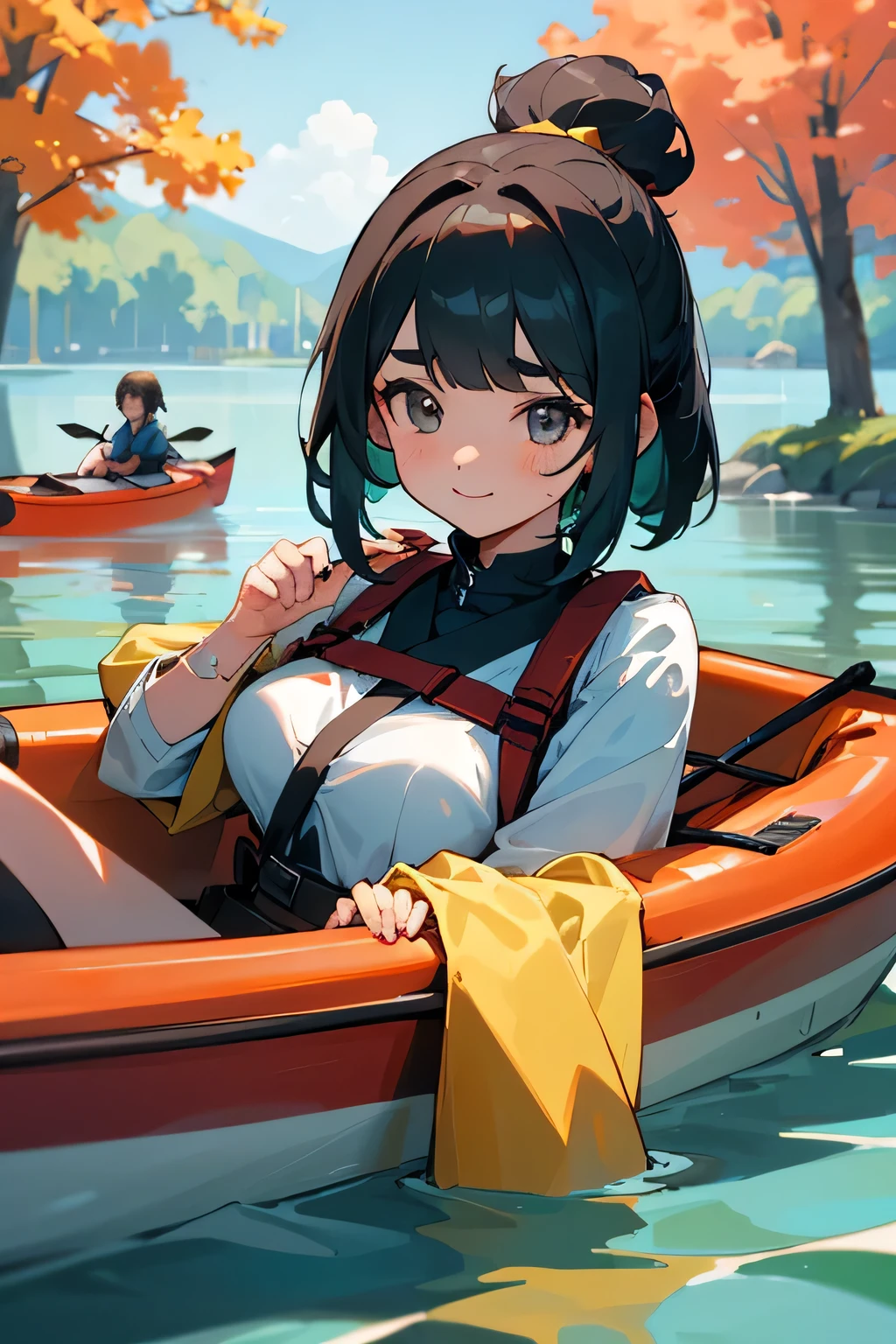 Highest quality、High resolution、Detailed Background、(Beautiful face in every detail:1.4)、Anatomically correct、(Normal number of fingers:1.2)、Highly detailed face、(Detailed eyes:1.2)、Teenage beauty、Huge breasts、Perfect body line、Braided bob cut、ponytail、Wavy Hairstyle、well-groomed eyebrows、A fun atmosphere、In a joking manner、A big smile、cute gesture、Accentuate your breasts、

A clear autumn day、It's a refreshing day with a cool breeze blowing over the lake、 
Two girls are getting into the kayak with bright expressions、 
They wear alternate-colored life jackets and row out onto the lake、 
The girls are absorbed in steering the kayak、
sometimes、They are moving forward briskly, splashing water、
When they reach the center of the lake, they chat happily while looking at the surrounding scenery、
Autumn colored trees々Both are interested in the sky reflected in the water々It looks like this、
Taking a break、They are spending a leisurely time、
They stop the kayak, dip their hands in the water, and cheer, conveying the feeling of refreshing themselves in nature.、
The girls' joyful expressions and the calm scene of the lake overlap、A comfortable autumn moment、cute
