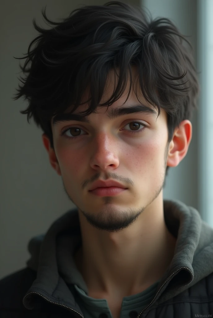 A boy with white skin tone. Little bit beard
on his chin only. ager in 20. Black eyes.
Little skinny. European. black and
short hair. He is always serious.