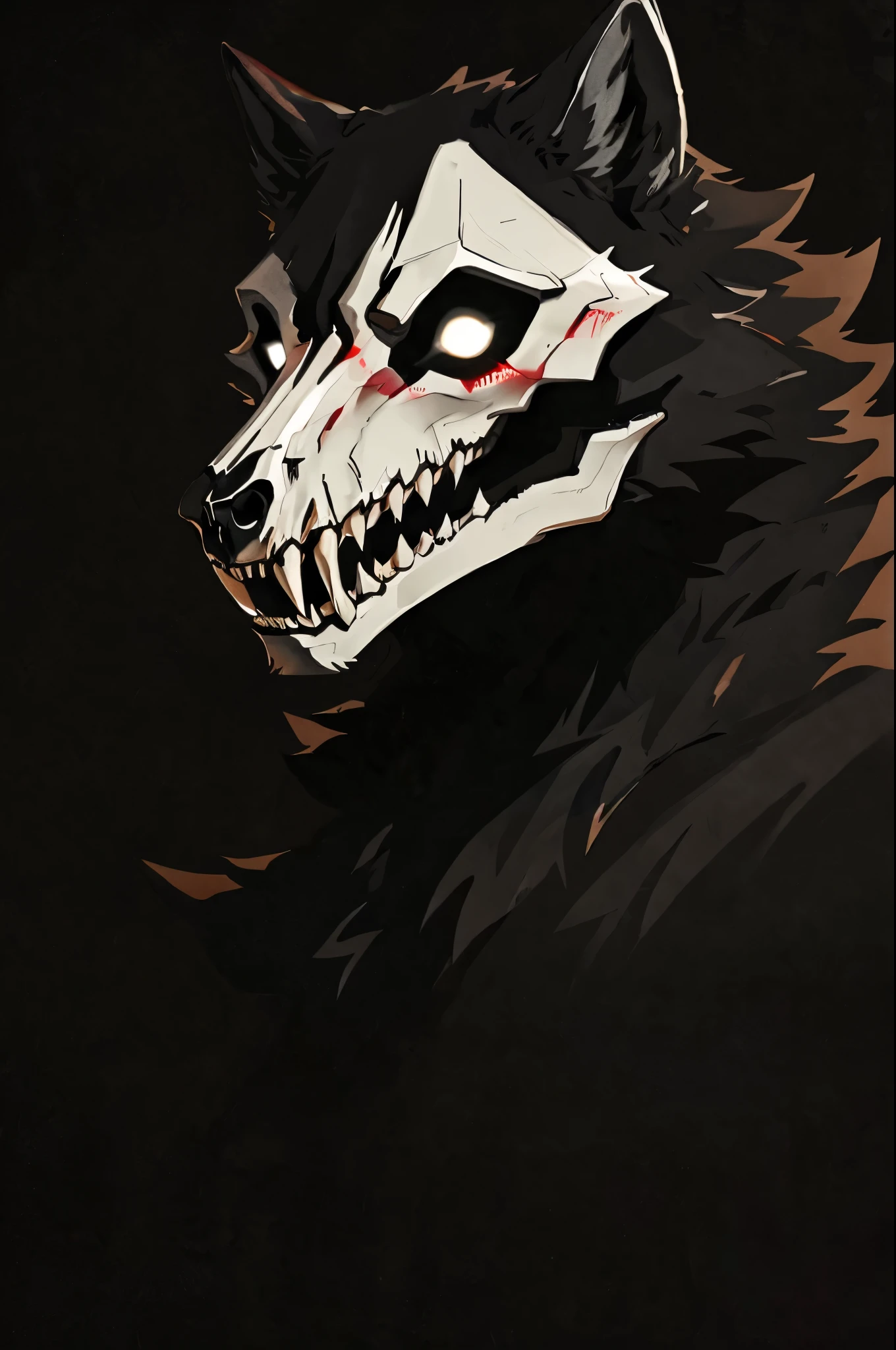 wolf, horror, wolf skull face, horny expression, blushed, half wolf face half skull, dark face, black fur, creepy, big teeth, bright white eyes, shadows, no face, dark background, full black background, looked at view,