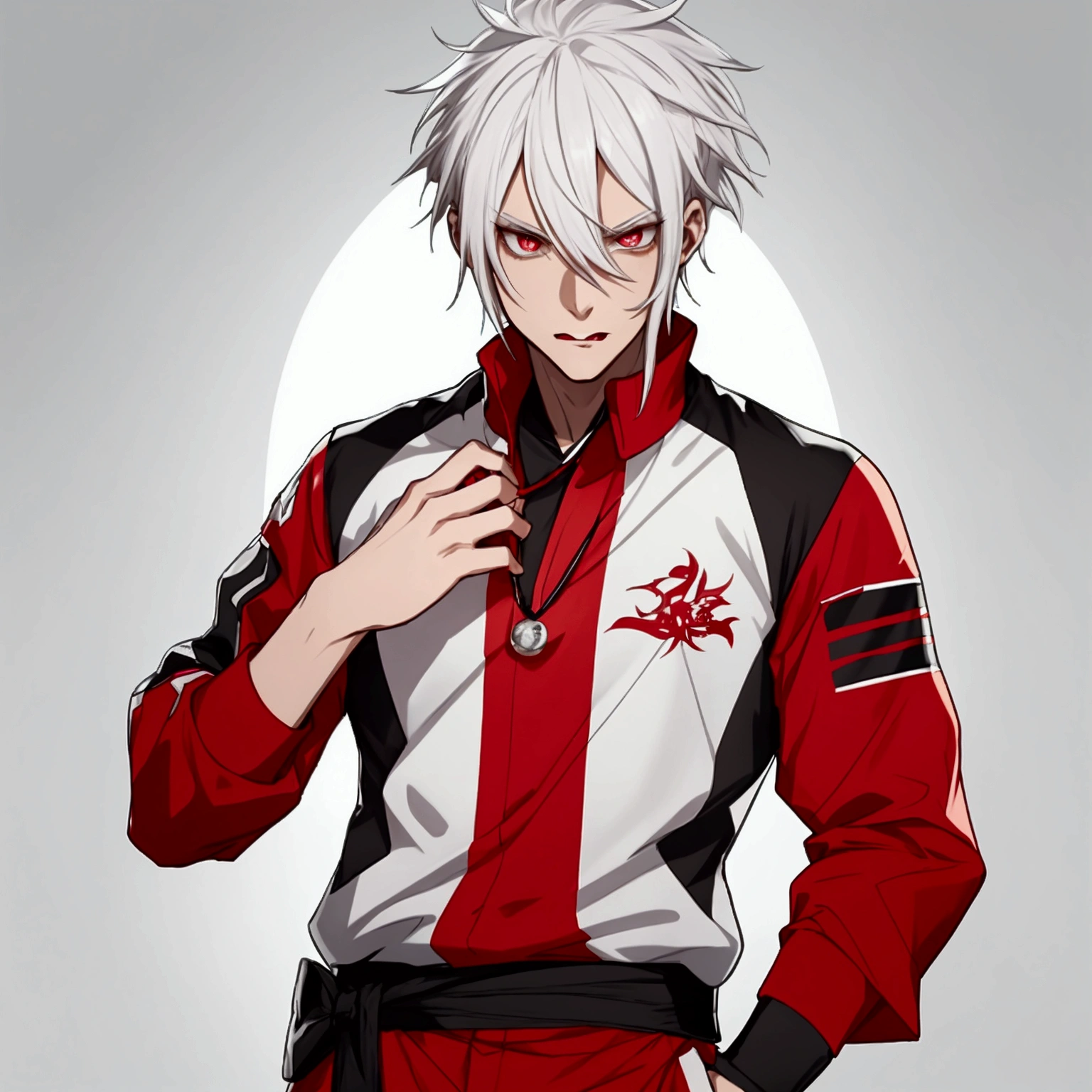 White hair (red tips and roots), gradient eyes, tongue out, long tongue, modern, anime, character chart, tachie, UHD, high resolution, best quality, young single male, prefers to wear sportswear-like clothes dominated by white and red hues, athletics. A pendant in the shape of a cannon can be worn around his neck, complementing his young and stylish image. His facial expression and posture may be a bit tense, he himself appears short-tempered and aggressive, aggressive facial expression. Oscar-winning, award-winning movie stills, movie stills, movie stills, movie shots, very moving, vtuber full body model, simple background
