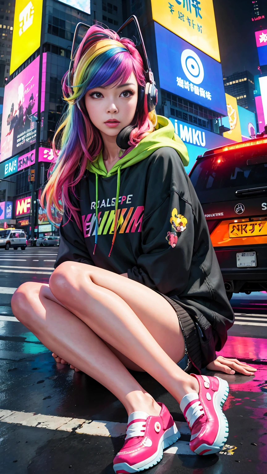 (In 8K、RAW photo、highest quality、masterpiece:1.2)、(realistic、Photoreal:1.37)、super detailed、超A high resolution、1 girl、solo、rainbow hair、hoodie、espadrilles、straight hair、headphones、length、(Center of the intersection)、(sitting on the ground)、night、neon、Times square、cyberpunk、Physically based rendering、movie lighting、dynamic angle