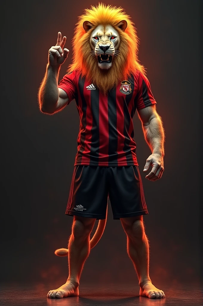 Create a prompt to create an image using artificial intelligence with maximum quality in 8k, Advanced Detail Levels and Cinematic Styling. I want an image of a lion half man and half animal making the sign of silence, looking with a lot of anger and his red eyes, realistic on two muscular legs with red and black striped team shirt and his mane in yellow and red colors 