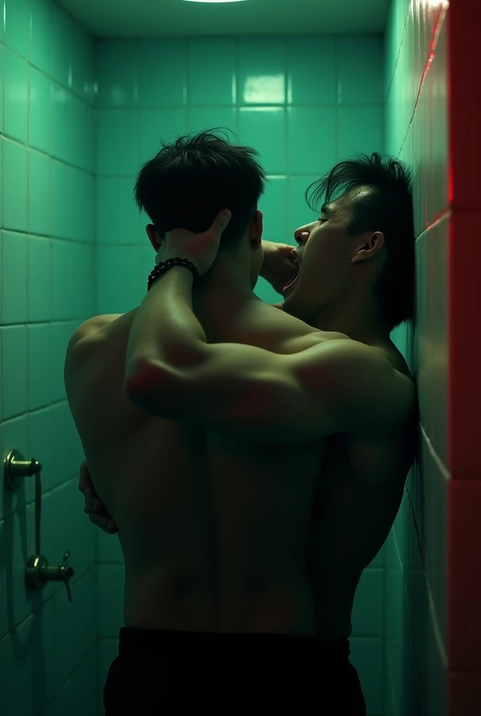 In the image, we see a strong, masculine hand gripping the neck of a muscular Asian boy from behind and pressing him against a bathroom wall illuminated by neon green and red lights and dark. We just see hand and neck. Not person! 