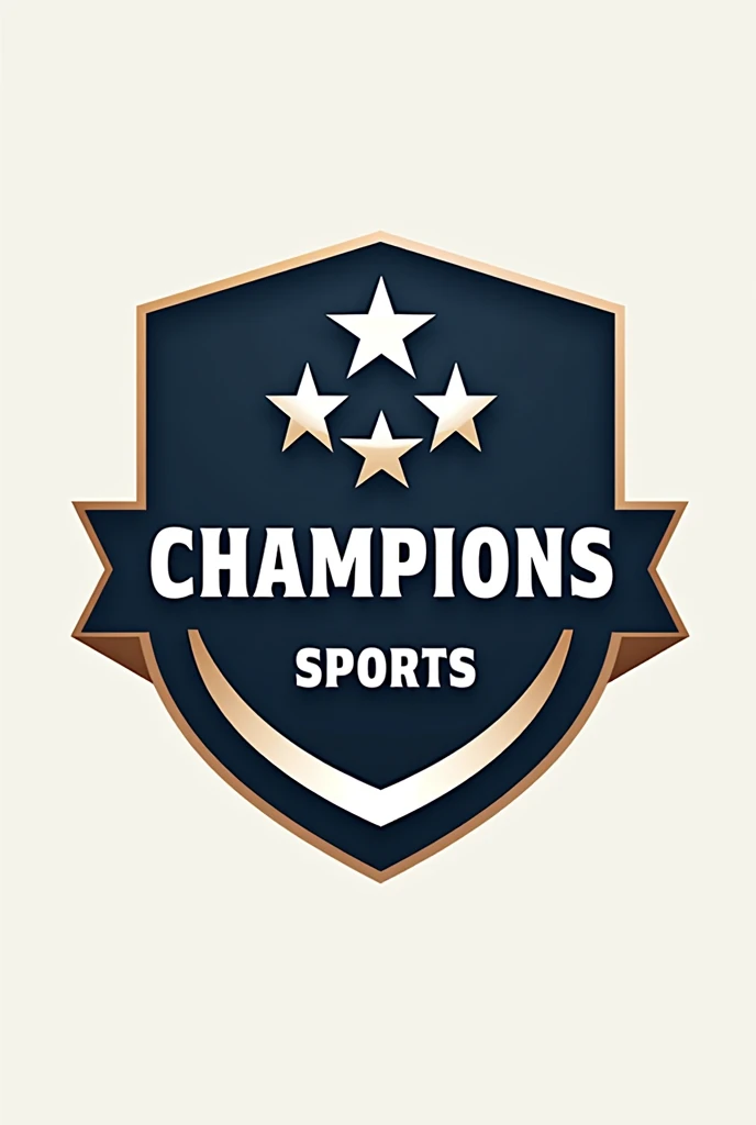 I need a logo with the name "Champions Sports". I want it to be a shield or banner that contains the name of "Champions Sports" and that in the center of the shield or banner has the stars of the men's soccer tournament "Champions League" in a circular or football shape