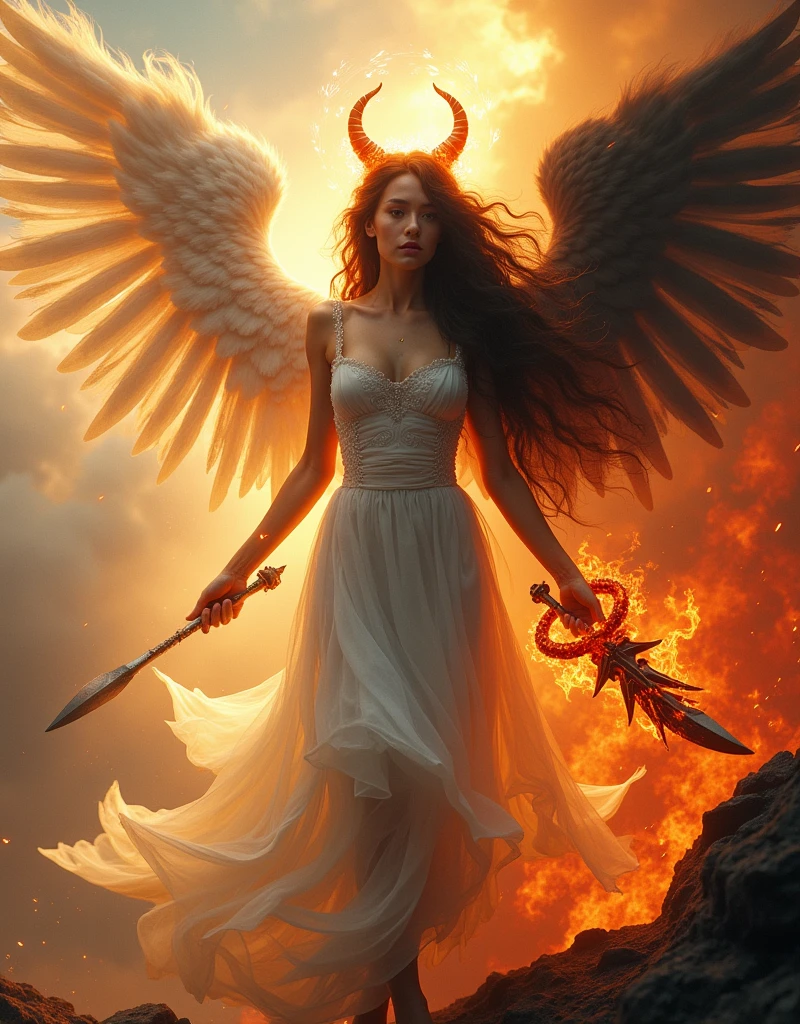 (Goddess of Angel and Demon Fusion:1.4), (masterpiece:1.4, best quality), (photo realistic:1.4), an ethereal and powerful figure embodying the duality of light and darkness, with one side representing angelic purity and the other demonic power, dressed in a flowing gown that seamlessly blends glowing, heavenly fabrics with dark, shadowy materials, adorned with radiant halos and ethereal wings on one side, and fiery horns and tattered wings on the other, (hair flowing like golden light mixed with dark, smoky tendrils:1.2), (eyes radiating a captivating light, one side glowing with divine energy and the other with an intense, infernal fire:1.2), one hand holding a glowing staff of divine light, the other gripping a dark, jagged blade wreathed in flames, surrounded by an aura of both celestial light and hellish fire, with gentle rays of light and dark tendrils intertwining around her, (background of a landscape where heaven and hell meet, with angelic skies merging into fiery, volcanic terrain:1.2), (lighting that emphasizes the stark contrast between light and dark:1.2), (dynamic and balanced pose that conveys her mastery over both realms:1.2), rich textures, vibrant and contrasting colors, (pure whites and golds:1.2), (deep reds and blacks:1.2), (dynamic composition with flowing lines and a sense of duality and power:1.2), high-quality and detailed, (awe-inspiring and balanced atmosphere:1.2), captivating and mysterious, perfect image quality, symbolizing the fusion and balance of angelic and demonic forces, majestic and serene presence