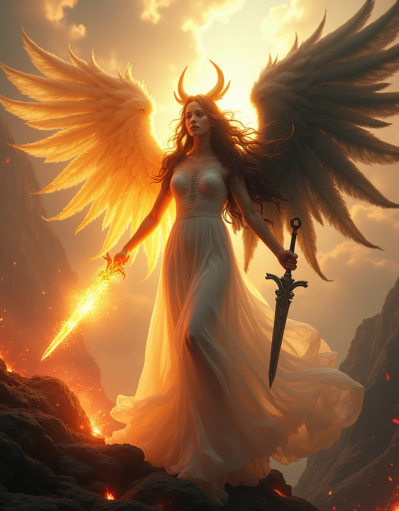 (Goddess of Angel and Demon Fusion:1.4), (masterpiece:1.4, best quality), (photo realistic:1.4), an ethereal and powerful figure embodying the duality of light and darkness, with one side representing angelic purity and the other demonic power, dressed in a flowing gown that seamlessly blends glowing, heavenly fabrics with dark, shadowy materials, adorned with radiant halos and ethereal wings on one side, and fiery horns and tattered wings on the other, (hair flowing like golden light mixed with dark, smoky tendrils:1.2), (eyes radiating a captivating light, one side glowing with divine energy and the other with an intense, infernal fire:1.2), one hand holding a glowing staff of divine light, the other gripping a dark, jagged blade wreathed in flames, surrounded by an aura of both celestial light and hellish fire, with gentle rays of light and dark tendrils intertwining around her, (background of a landscape where heaven and hell meet, with angelic skies merging into fiery, volcanic terrain:1.2), (lighting that emphasizes the stark contrast between light and dark:1.2), (dynamic and balanced pose that conveys her mastery over both realms:1.2), rich textures, vibrant and contrasting colors, (pure whites and golds:1.2), (deep reds and blacks:1.2), (dynamic composition with flowing lines and a sense of duality and power:1.2), high-quality and detailed, (awe-inspiring and balanced atmosphere:1.2), captivating and mysterious, perfect image quality, symbolizing the fusion and balance of angelic and demonic forces, majestic and serene presence