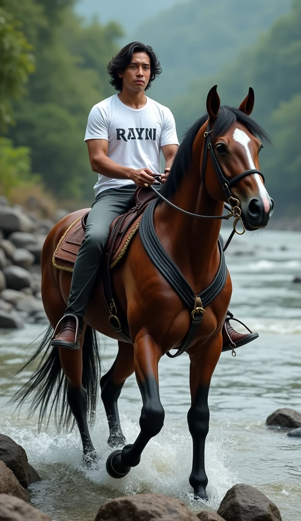 a photo-realism of a bit bulky 32-year-old handsome Indonesian man oval face wavy hair, white t-shirt written on the chest "RAYN" riding on the back of a saddled giant horse, HD 4k high detail ultra realistic dynamic hyper realistic oled, vibrant , subsurface scattering, amazing fine detail, on a little rocky riverbank