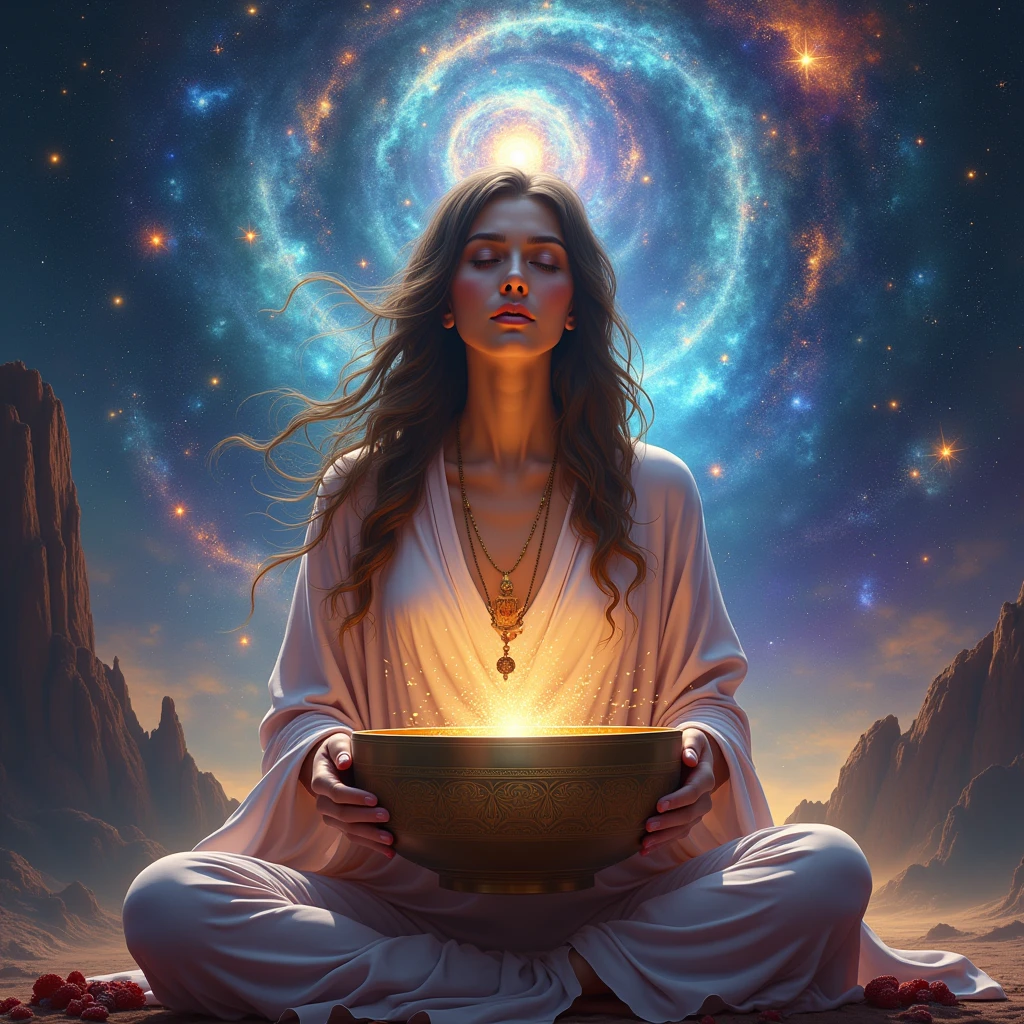 Woman with Tibetan bowl in front of a colorful cosmic background with vibrant lights and incredible contrast background