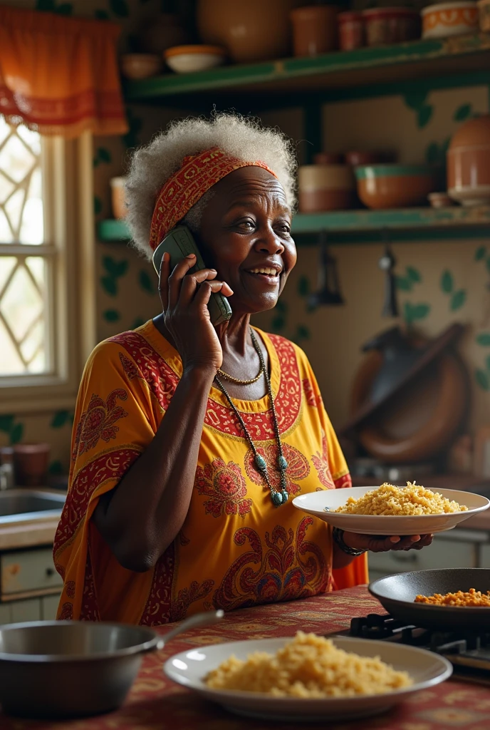 An African grandmother in the kitchen using one hand to receive call and the other to pick a plate