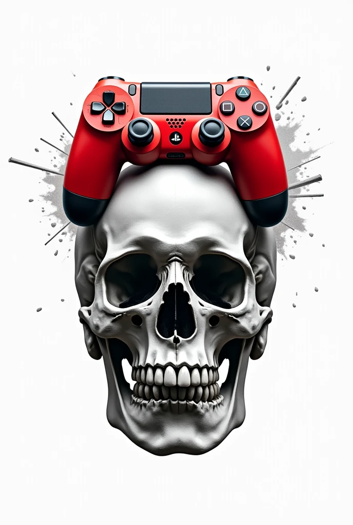 Drawing of a black and white skull with a white background featuring a red PlayStation controller breaking through the skull in the brain region.