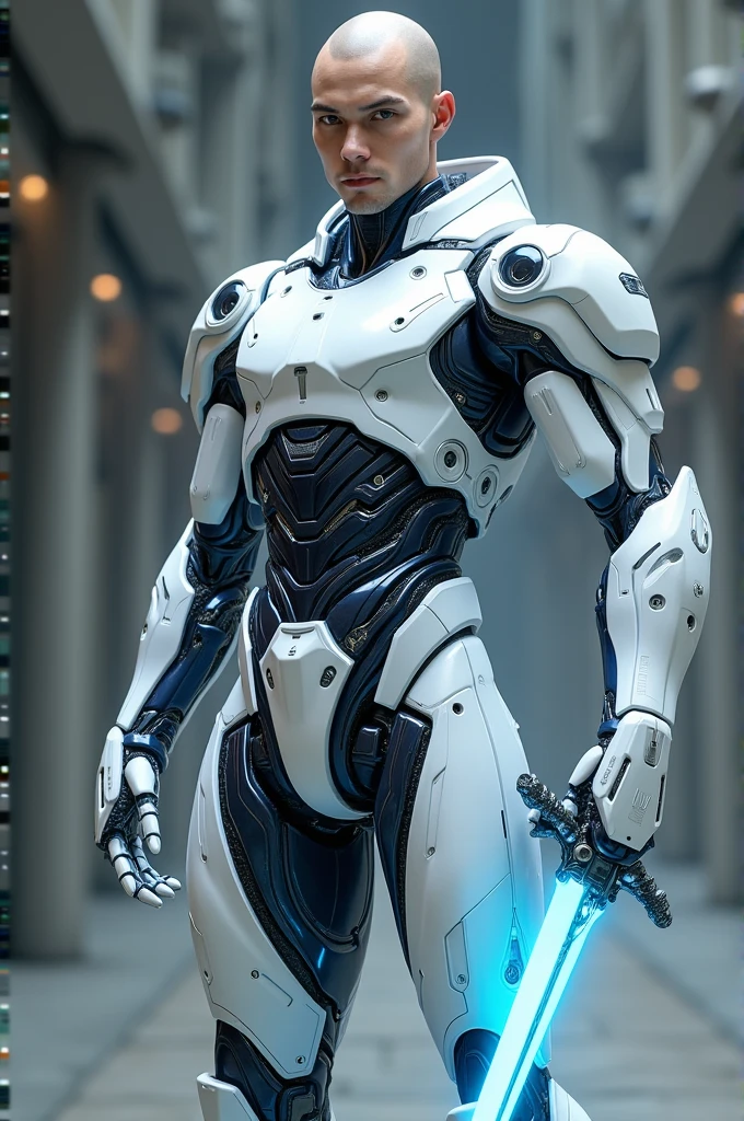 Make a male android with white armor with navy blue and a blue sword.