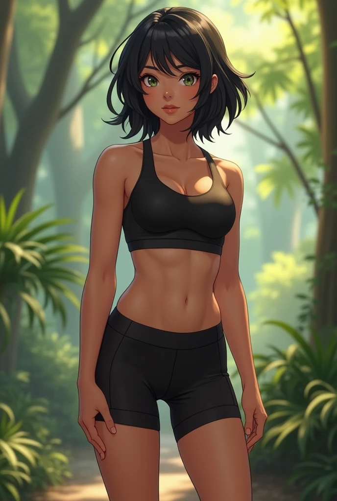 a young adult in their 20s, thin with black hair and a low cut. wear athletic clothing