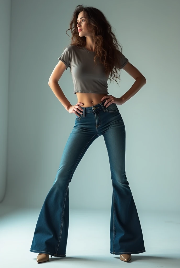 (Best Quality,4k,hight resolution,Masterpiece:1.2),Ultra-detailed,(Realistic:1.37),The beautiful wild woman, sensual challenging pose, Wide flares on tight jeans, Heels,(slim woman:1.5), (slim thighs and thigh gap: 1.5), gradient background, bright cold light. (Flared low rise jeans,skinny hips and groin showing), (tight and long tshirt:1.5), (full - body:1.5)