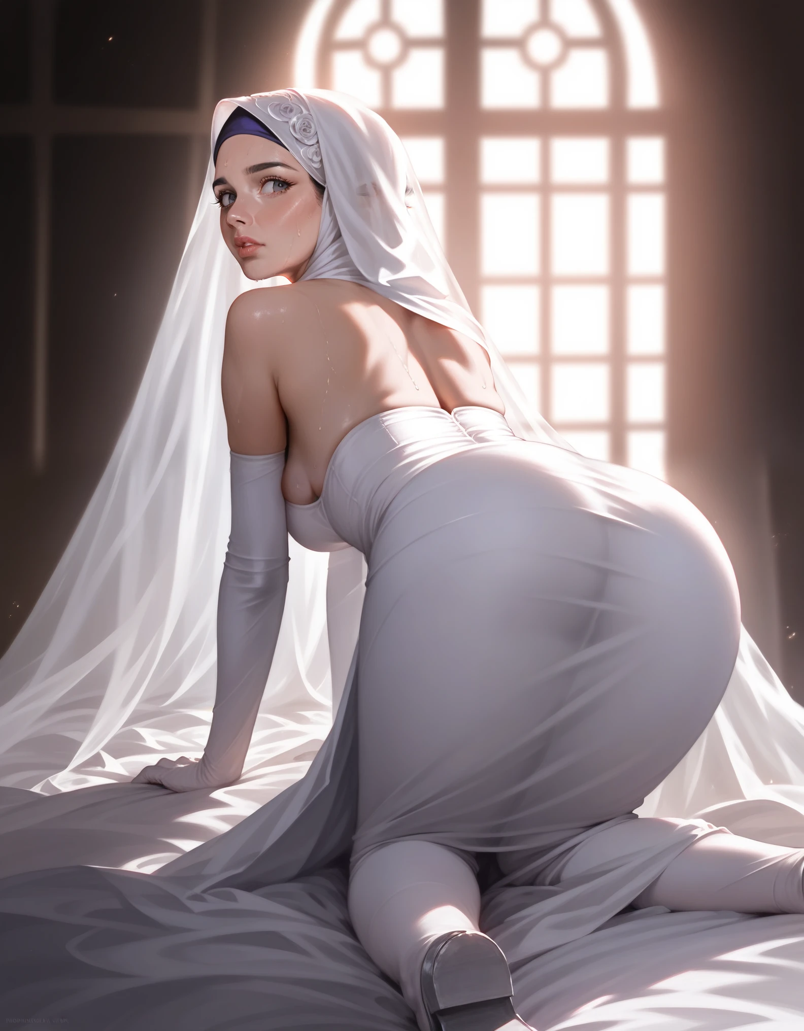 1 girl, silk hijab, white dress, bride, big breasts, bare shoulders, bare back, hips, thighs, all fours, looking back, looking at viewers, very sweaty, from below, (best quality,4k,8k,highres,masterpiece:1.2),ultra-detailed,(realistic,photorealistic,photo-realistic:1.37),detailed eyes,detailed lips,extremely detailed face,longeyelashes,dramatic lighting,cinematic,intricate details,volumetric lighting,unreal engine,octane render,chiaroscuro,baroque,dark academia