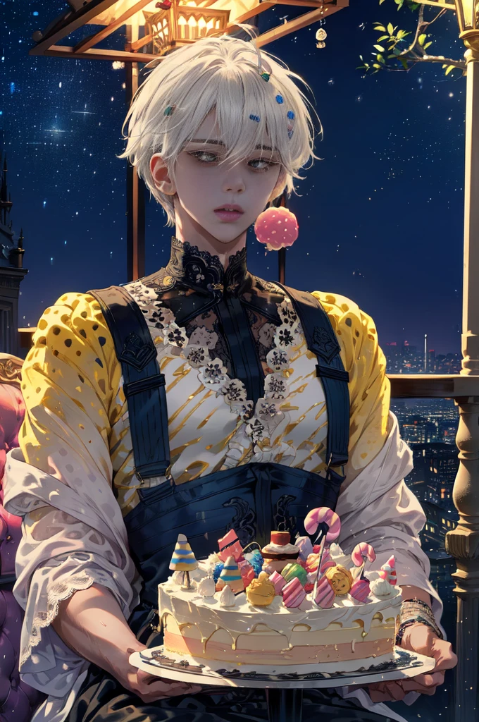 (((1boy in))), ((comic strip))、(Multiple english texts)、short hair, (((handsome))), Pastel muted colors, (The color palette is yellow:1.2, Blue:1.2, Pink:1.2), (White hair and purple color), Short Fashion male outfit, Sitting on a throne made of sweets and pastries, For example, donut, sprinkle, candy, lollipop, candy cane, a cake, cupcake, Cake Pop, Ruffles and lace, polka dot, detail eyes