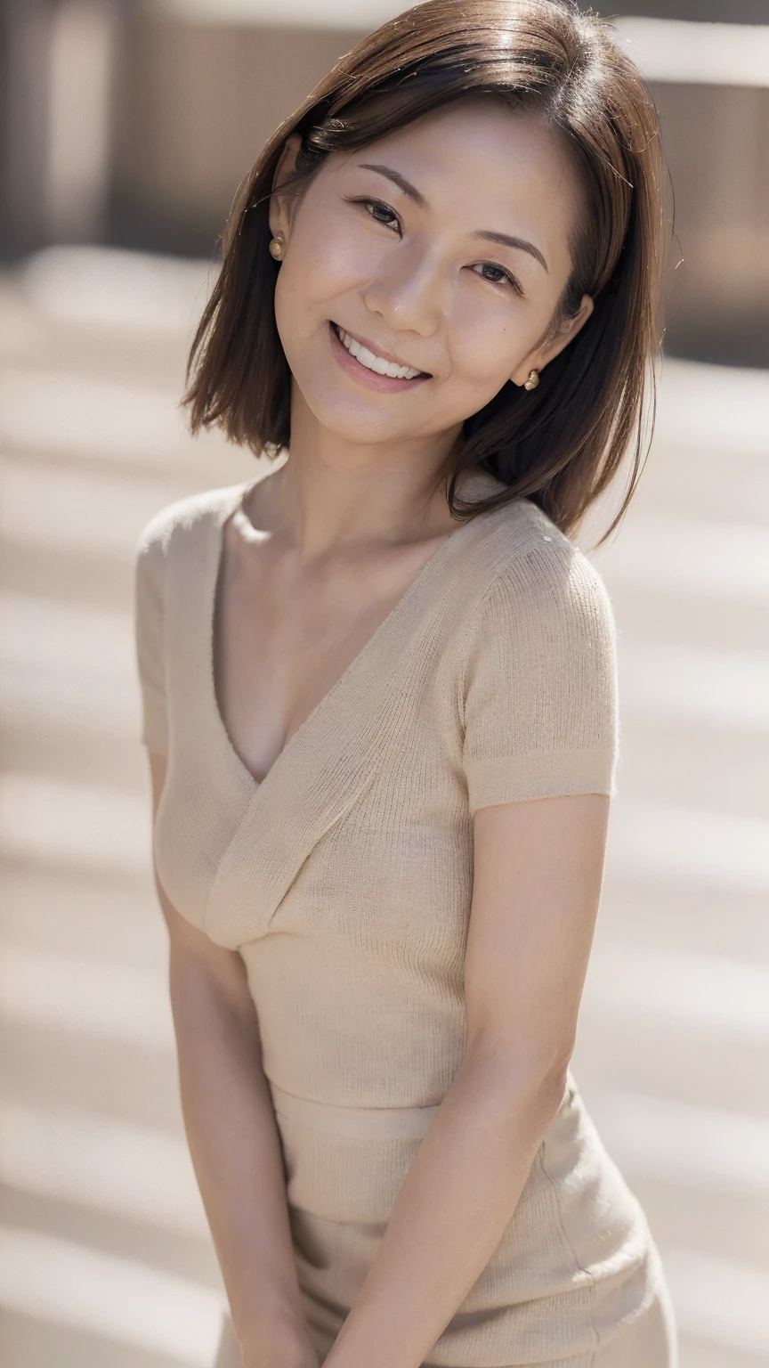 ((Highest quality, 8k, Ultra-high resolution)), ((masterpiece: 1.3)), (Perfect appearance), (Photorealism: 1.6), (JMA), (Who), (TI), (Portrait of a mature Japanese woman), (Blurred Background: 1.8), (streets of england), (Cobblestones), ((Look here)), ((Realistic skin texture)), (Fine wrinkles appear all over the skin, Dullness, Unmoisturized skin, Wrinkles around the eyes, double eyelid, Lower eyelid tear sulcus, Dimples, corner of the eye, Thin eyebrows), Slightly parted lips, Smiling Kindly, (V-neck knit dress: 1.2), (Slimming body), (Small breasts), (Tight long skirt),
