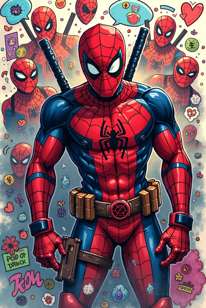 Various doodle drawings intertwining, filling the screen with a Spiderman and Deadpool theme