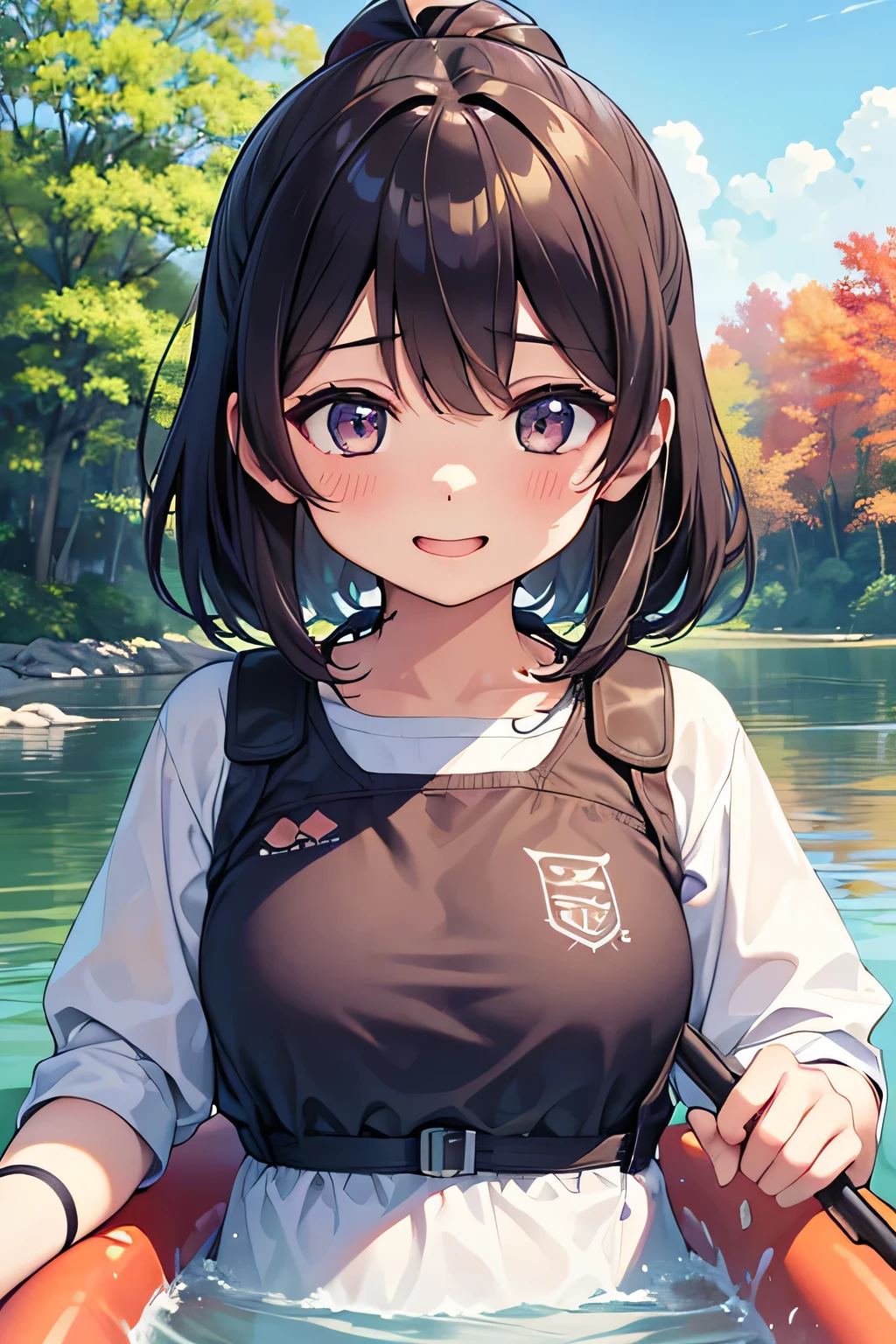Highest quality、High resolution、Detailed Background、(Beautiful face in every detail:1.4)、Anatomically correct、(Normal number of fingers:1.2)、Highly detailed face、(Detailed eyes:1.2)、 beauty、Huge breasts、Perfect body line、Braided bob cut、ponytail、Wavy Hairstyle、well-groomed eyebrows、A fun atmosphere、In a joking manner、A big smile、cute gesture、Accentuate your breasts、
A clear autumn day、It's a refreshing day with a cool breeze blowing over the lake、
Two girls are getting into the kayak with bright expressions、
They wear alternate-colored life jackets and row out onto the lake、
The girls are absorbed in steering the kayak、
sometimes、They are moving forward briskly, splashing water、
When they reach the center of the lake, they chat happily while looking at the surrounding scenery、
Autumn colored trees々Both are interested in the sky reflected in the water々It looks like this、
Taking a break、They are spending a leisurely time、
They stop the kayak, dip their hands in the water, and cheer, conveying the feeling of refreshing themselves in nature.、
The girls' joyful expressions and the calm scene of the lake overlap、A comfortable autumn moment、cute