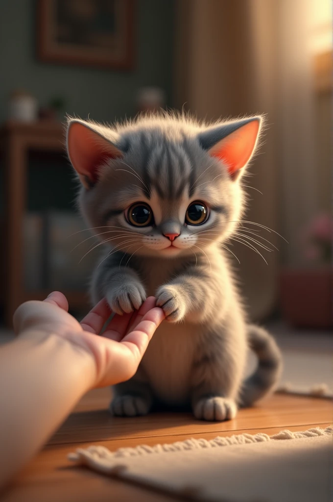 Shy cat holding human hand