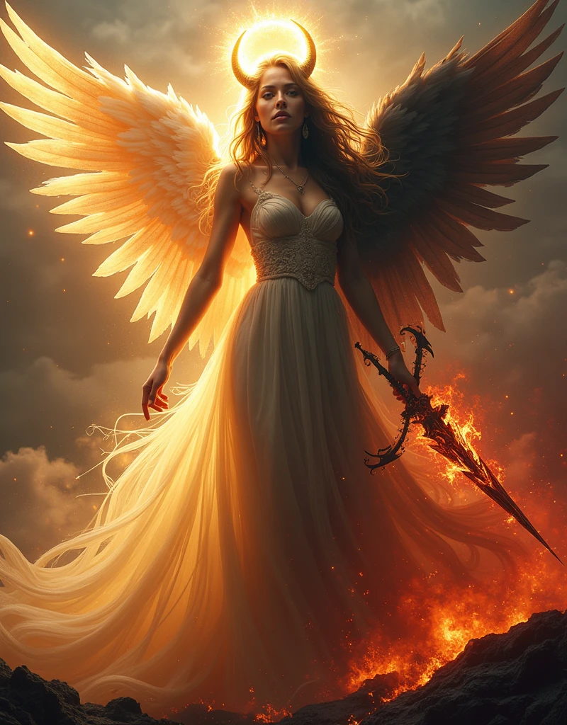(((Goddess of Angel and Demon Fusion:1.5))), (masterpiece:1.4, best quality), (photo realistic:1.4), an ethereal and powerful figure embodying the duality of light and darkness, with one side representing angelic purity and the other demonic power, dressed in a flowing gown that seamlessly blends glowing, heavenly fabrics with dark, shadowy materials, adorned with radiant halos and ethereal wings on one side, and fiery horns and tattered wings on the other, (hair flowing like golden light mixed with dark, smoky tendrils:1.2), (eyes radiating a captivating light, one side glowing with divine energy and the other with an intense, infernal fire:1.2), one hand holding a glowing staff of divine light, the other gripping a dark, jagged blade wreathed in flames, surrounded by an aura of both celestial light and hellish fire, with gentle rays of light and dark tendrils intertwining around her, (background of a landscape where heaven and hell meet, with angelic skies merging into fiery, volcanic terrain:1.2), (lighting that emphasizes the stark contrast between light and dark:1.2), (dynamic and balanced pose that conveys her mastery over both realms:1.2), rich textures, vibrant and contrasting colors, (pure whites and golds:1.2), (deep reds and blacks:1.2), (dynamic composition with flowing lines and a sense of duality and power:1.2), high-quality and detailed, (awe-inspiring and balanced atmosphere:1.2), captivating and mysterious, perfect image quality, symbolizing the fusion and balance of angelic and demonic forces, majestic and serene presence