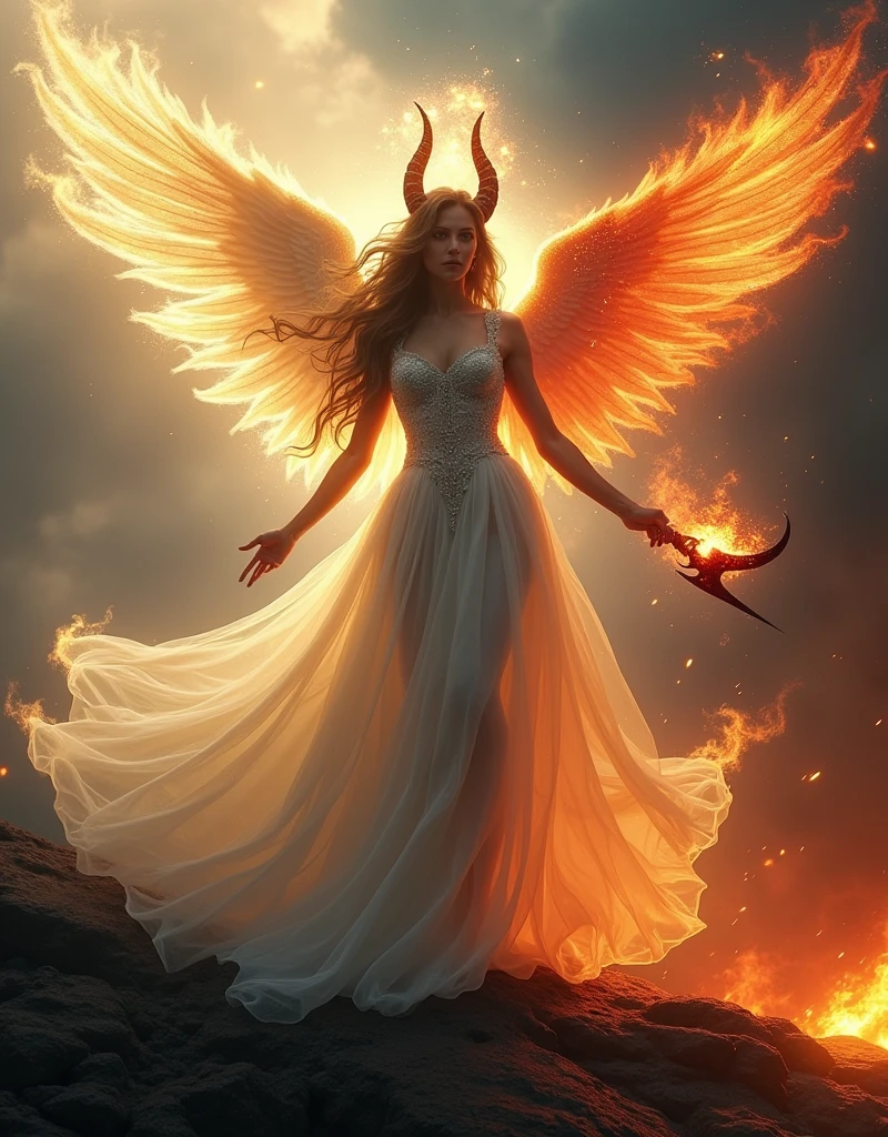 (((Goddess of Angel and Demon Fusion:1.5))), (masterpiece:1.4, best quality), (photo realistic:1.4), an ethereal and powerful figure embodying the duality of light and darkness, with one side representing angelic purity and the other demonic power, dressed in a flowing gown that seamlessly blends glowing, heavenly fabrics with dark, shadowy materials, adorned with radiant halos and ethereal wings on one side, and fiery horns and tattered wings on the other, (hair flowing like golden light mixed with dark, smoky tendrils:1.2), (eyes radiating a captivating light, one side glowing with divine energy and the other with an intense, infernal fire:1.2), one hand holding a glowing staff of divine light, the other gripping a dark, jagged blade wreathed in flames, surrounded by an aura of both celestial light and hellish fire, with gentle rays of light and dark tendrils intertwining around her, (background of a landscape where heaven and hell meet, with angelic skies merging into fiery, volcanic terrain:1.2), (lighting that emphasizes the stark contrast between light and dark:1.2), (dynamic and balanced pose that conveys her mastery over both realms:1.2), rich textures, vibrant and contrasting colors, (pure whites and golds:1.2), (deep reds and blacks:1.2), (dynamic composition with flowing lines and a sense of duality and power:1.2), high-quality and detailed, (awe-inspiring and balanced atmosphere:1.2), captivating and mysterious, perfect image quality, symbolizing the fusion and balance of angelic and demonic forces, majestic and serene presence