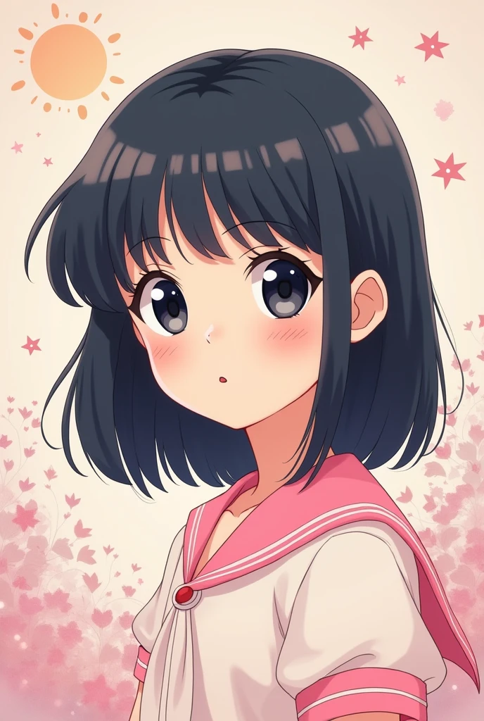 create an image in the Sailor Moon style of a girl with straight black hair to her shoulders, black eyes and a small nose