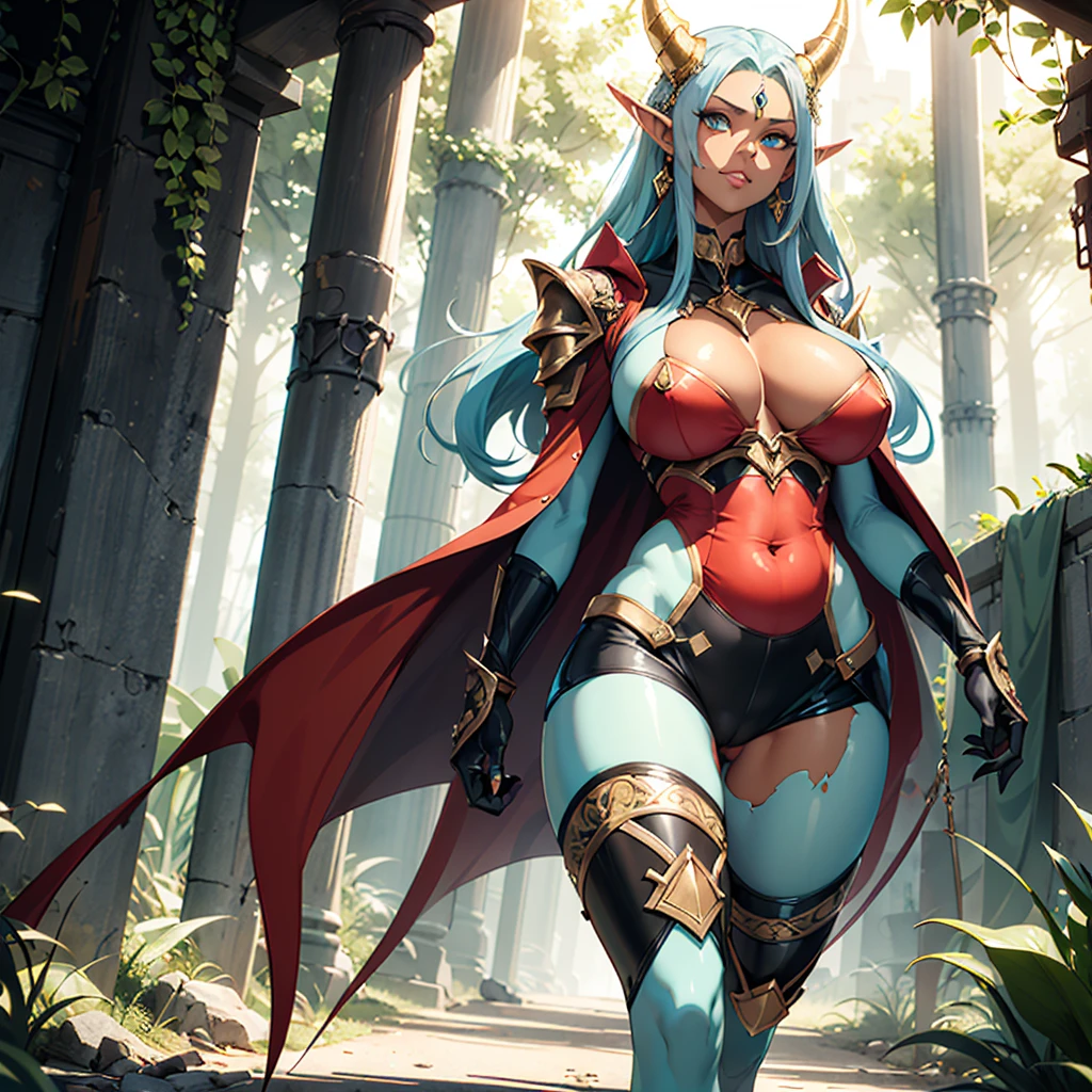 ((best quality)), (detailed), 1 women big pornstar heavy knight armor, 8k_wallpaper, extremely detailed eyes, (large masterpiece digital art), (intricate details:1.3 ), (ultra-detailed:1.3), (sharp focus:1.3), (natural lighting:1.05), (vivid colors:1.3), (best quality:1.4), expressive eyes, full body, detailed face, beautiful face, perfect face, ((hair sandy white curls)), ((gold horns)), (gold eyes), ((dark skin)), dark skinned female, (big breasts), huge chest, big wide ass, powerful relief muscles of the abdomen and legs, powerful strong muscles of the arms, belly piercing with blue emeralds, cruel predatory and cold-blooded arrogant look and smile, an open red coat with rolled up sleeves, a translucent blue crop top very clear outlines of huge pointed nipples with large piercings under the fabric, steel combat pauldrons, steel bracers and leather gloves, leather shorts under which I can see the clear outlines of a big vagina, walks along the path against the backdrop of a ruined elf village and flowering vines and wild forests, style fantasy and adventure world,