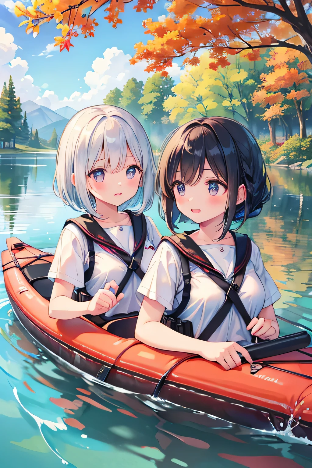 Highest quality、High resolution、Detailed Background、(Beautiful face in every detail:1.4)、Anatomically correct、(Normal number of fingers:1.2)、Highly detailed face、(Detailed eyes:1.2)、Teenage beauty、Huge breasts、Perfect body line、Braided bob cut、ponytail、Wavy Hairstyle、well-groomed eyebrows、A fun atmosphere、In a joking manner、A big smile、cute gesture、Accentuate your breasts、

A clear autumn day、It's a refreshing day with a cool breeze blowing over the lake、 
Two girls are getting into the kayak with bright expressions、 
They wear alternate-colored life jackets and row out onto the lake、 
The girls are absorbed in steering the kayak、
sometimes、They are moving forward briskly, splashing water、
When they reach the center of the lake, they chat happily while looking at the surrounding scenery、
Autumn colored trees々Both are interested in the sky reflected in the water々It looks like this、
Taking a break、They are spending a leisurely time、
They stop the kayak, dip their hands in the water, and cheer, conveying the feeling of refreshing themselves in nature.、
The girls' joyful expressions and the calm scene of the lake overlap、A comfortable autumn moment、cute
