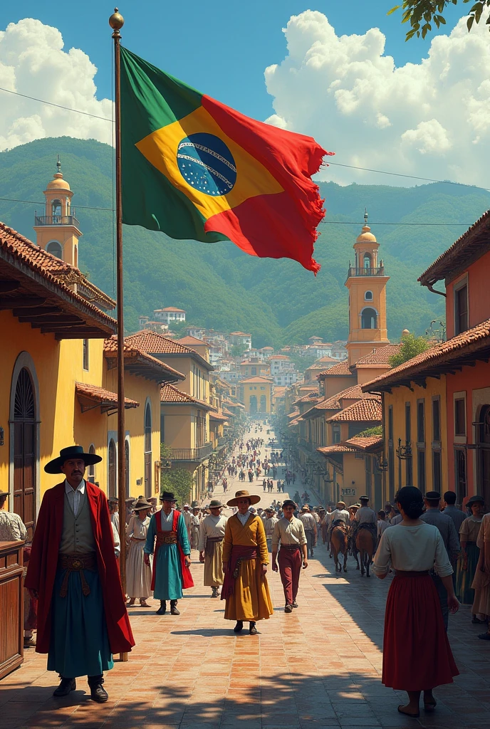 Create an image based on the historical cities of Minas Gerais with the flag of the Minas Conspiracy. 
