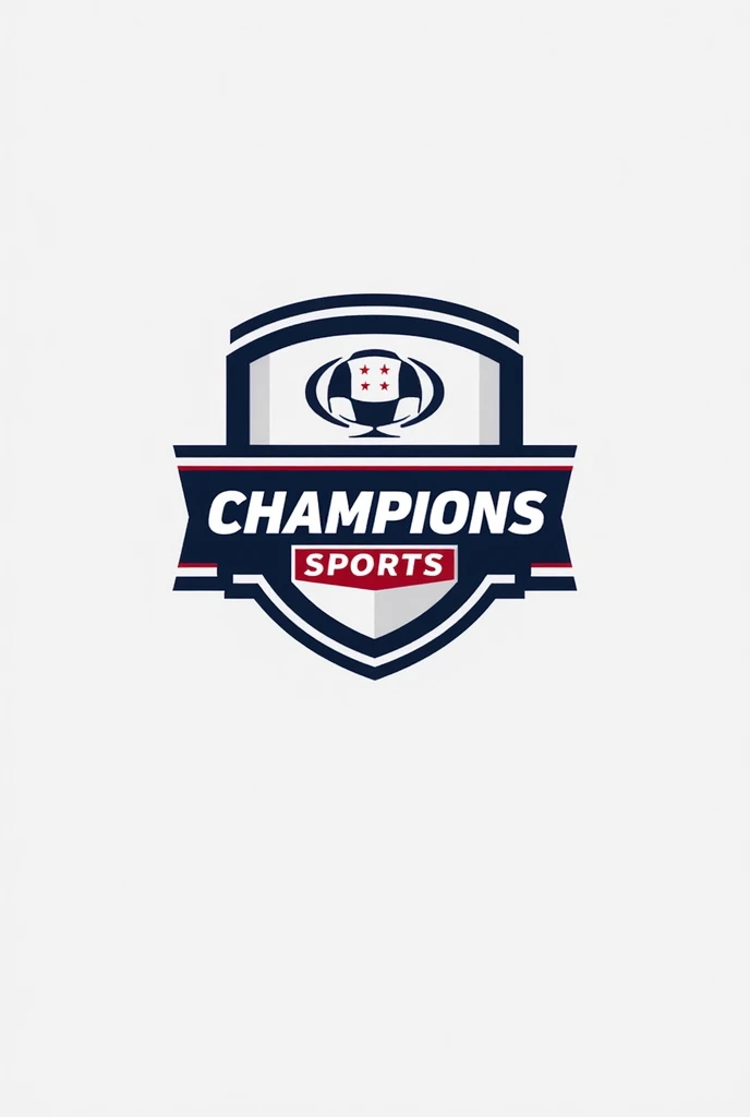 I need a logo with the name "Champions Sports". I want it to be simple and contain a shield or banner containing the name of "Champions Sports" and that in the center of the shield or banner has the stars of the men's soccer tournament "Champions League" in a circular or football shape 