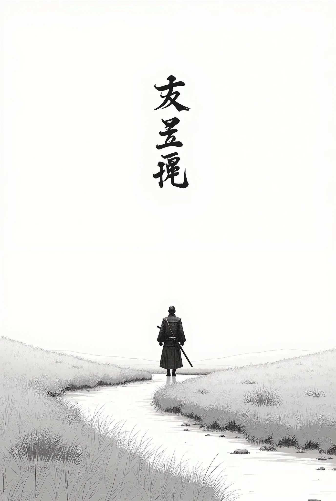 black and white drawing in Japanese style, Samurai in the distance (man, adult person) with a sword at his waist walking on a path through a field, The picture above shows a Japanese kanji "quiet". Everything is harmonious around