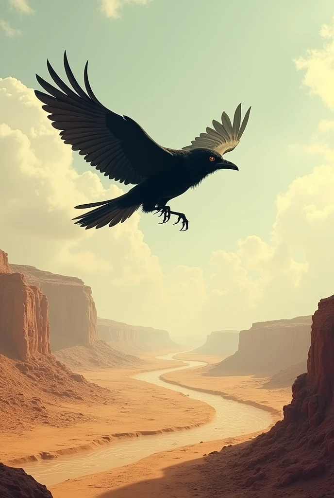 The crow flying over various dry areas—fields, rocks, or empty rivers—showing signs of exhaustion.
Image size is 16 by 9