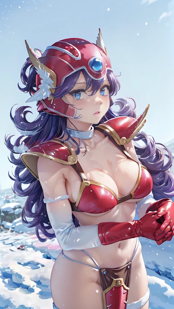 masterpiece、1 beautiful girl、Beautiful Eyes、Puffy eyes、Highest quality, 超High resolution, , Cinema Lighting、so beautiful、Beautiful Skin、(High resolution)、(8k)、(Very detailed)、(Beautiful Eyes)、(Very detailedな)、 Detailed face、Looking at the audience、Look straight ahead、Diagonal bangs、Perfect cosplay,((masterpiece, Highest quality,Edge Quality)),
Edge DQ, Long Hair, chest,, blue eyes, large chest, gloves, belly button, chestの谷間, Bright purple hair, choker, elbow gloves, sword, bikini armor, Winged Helmet, red armor ,wearing Edge DQ_armor、Muscular、(((Snow is piled up、雪がchestの高さまで積もっている:1.5)))、(((I'm freezing cold.、Stuck:1.5)))