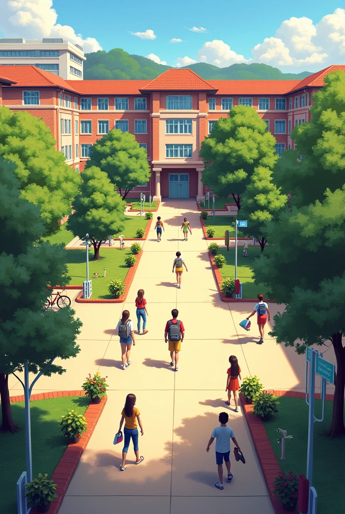 A 2d background scene of a normal school courtyard