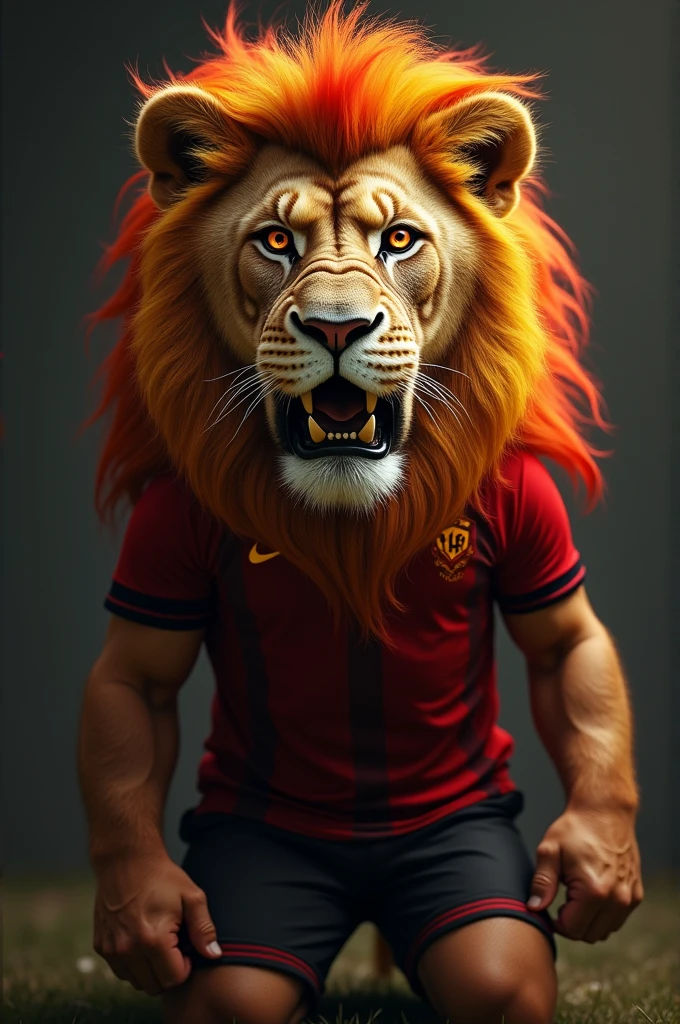 Create a prompt to create an image using artificial intelligence with maximum quality in 8k, Advanced Detail Levels and Cinematic Styling. I want an image of a lion, half man and half animal, telling someone to be quiet. , With a face full of rage and his eyes red, realistic on two muscular legs with red and black striped team shirt and his mane in yellow and red colors