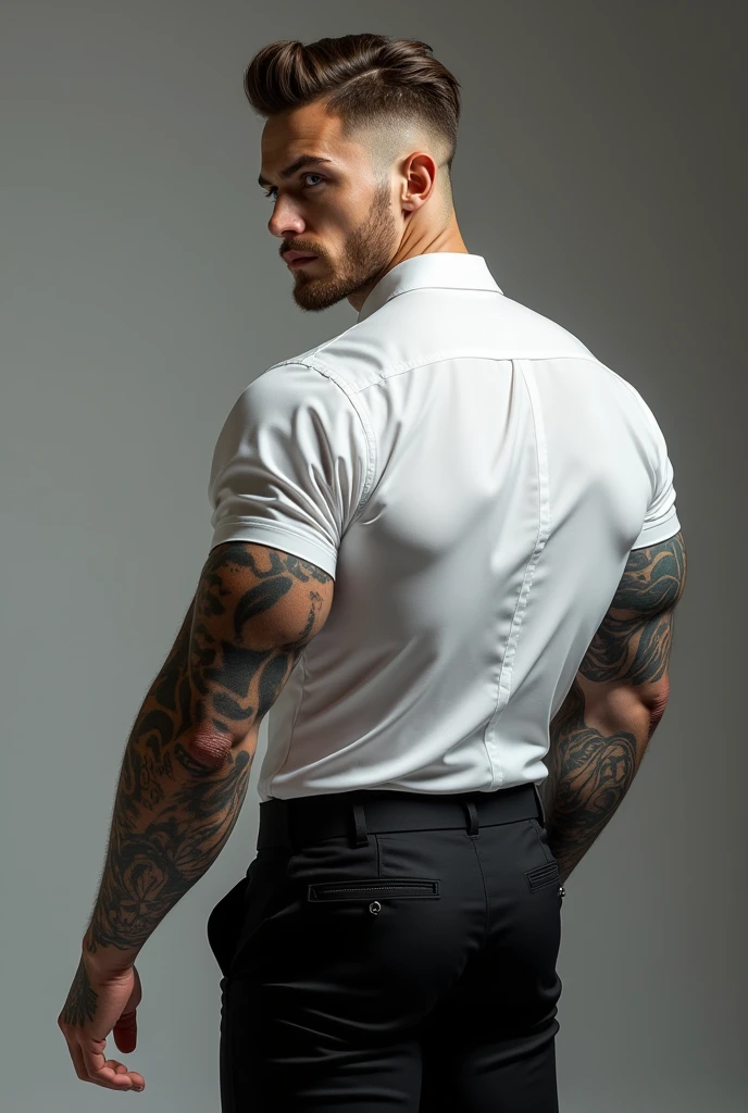 Create a guy in his 30s with Russian and Italian features, Let his eyes be blue, medium light brown hair, height of 1.muscular man with tattoos on his left arm that reach his fingers , A piercing on his lower lip on the right side. He's dressed in elegant clothing, a white shirt., He's wearing black pants, his back to us, looking over his shoulder 