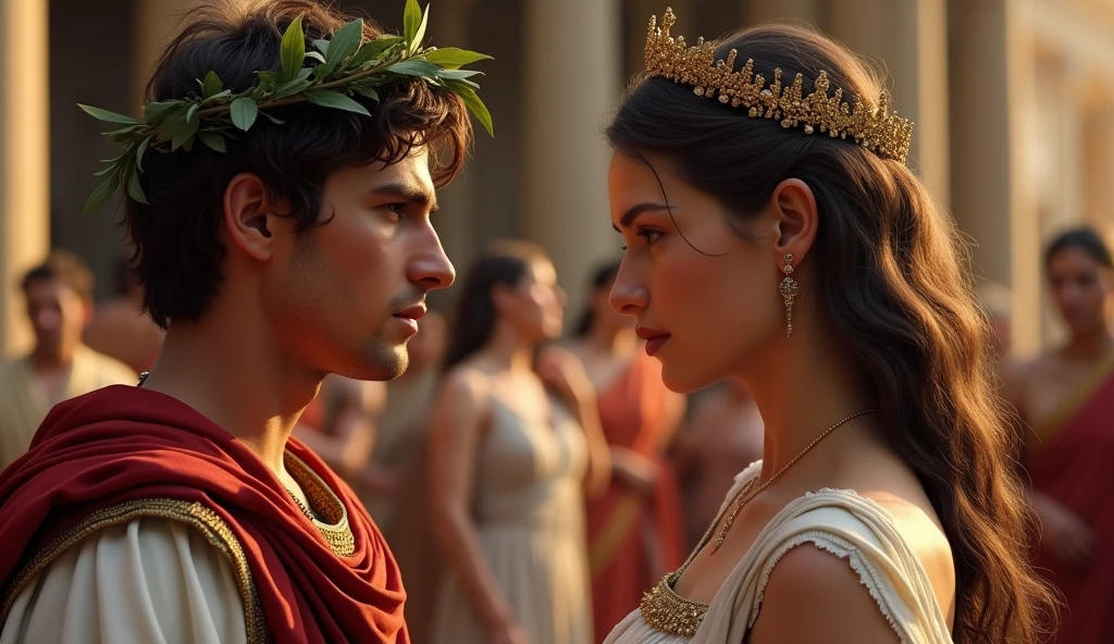 masterpiece, Imagine an imperial wedding in Ancient Rome, 83 Bc, donde el joven y ambicioso Julio césar, 17 years ( wears a laurel wreath, male face, determined and ultra detailed.), is united in marriage with the beautiful and noble cornelia, 14 years, (Skinny body, cabello castaño claro, hazel eyes, Noble yet seductive ultra detailed face) . Imagine the scene filled with promises of greatness and power... cornelia, a Roman noblewoman, radiant in its elegance, embodies the ideal of Roman femininity, Her youthful beauty enhanced by the beautiful ancient Roman clothing of the 1st century BC..c., 16k, ultra high resolution.photorealistic, HD, cRUDO, DSLR