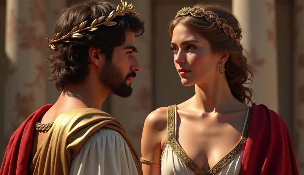 masterpiece, Imagine an imperial wedding in Ancient Rome, 83 Bc, donde el joven y ambicioso Julio césar,  ( wears a laurel wreath, male face, determined and ultra detailed.), is united in marriage with the beautiful and noble cornelia, 14 yearsy body, cabello castaño claro, hazel eyes, Noble yet seductive ultra detailed face) . Imagine the scene filled with promises of greatness and power... cornelia, a Roman noblewoman, radiant in its elegance, embodies the ideal of Roman femininity, Her youthful beauty enhanced by the beautiful ancient Roman clothing of the 1st century BC..c., 16k, ultra high resolution.photorealistic, HD, cRUDO, DSLR