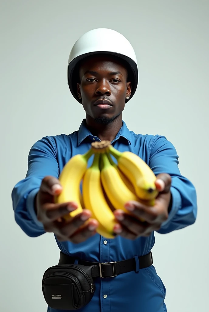 Black man with a black fanny pack, white helmet and blue pants and shirt. Holding a bunch of bananas