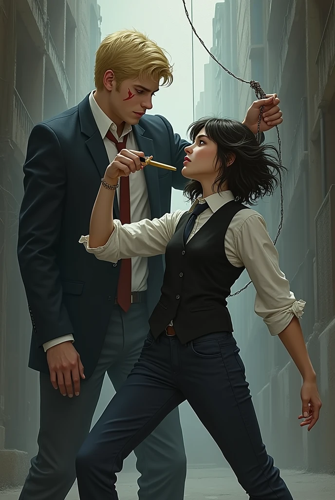 A man whose face cannot be seen and who has threads in his hands that tie a girl but she tries to free herself and then cuts some threads with a golden command dagger. That the man has a suit and blond, young-looking hair along with a scar on his face and that she wears pants and a white shirt with a black vest and that her hair is wavy and down to her shoulders and that she is about .