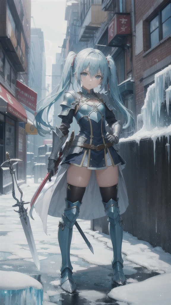 A young girl with long blue hair in twin pigtails,Chest,Cyan armor,tights,thigh,iron boots,Ice,Sword,ruined city