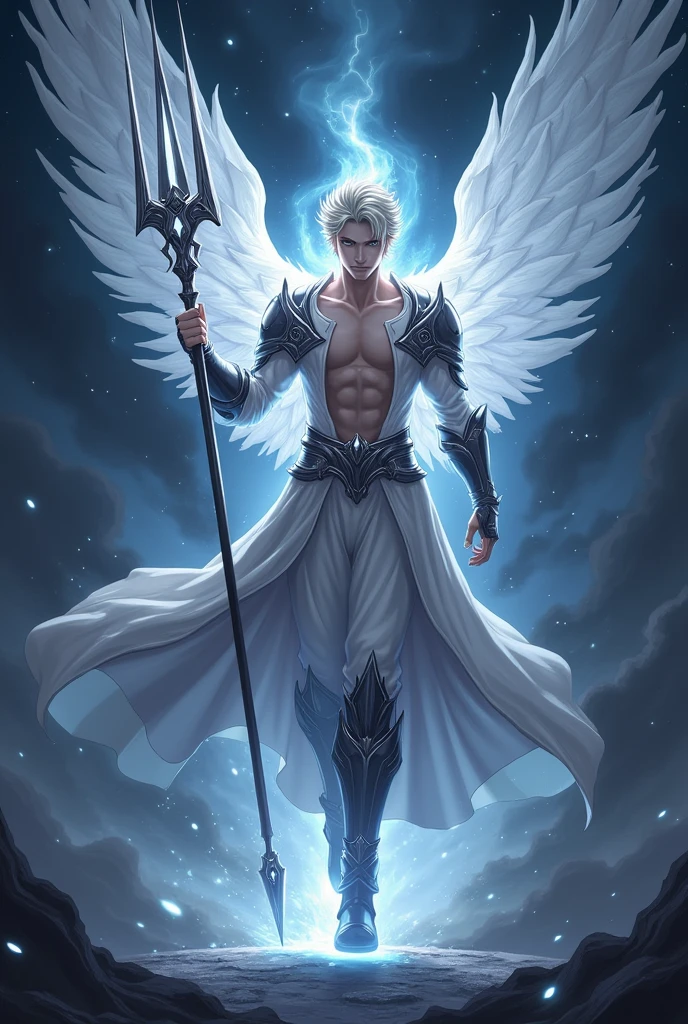 ((masterpiece)), ((High Definition)). A man in the center in anime style. He is handsome, attractive and distant. He wears light armor, highlighting their confidence, that leaves his arms and chest exposed, instilling respect for his power. From them emanates a blazing aura of silver-colored divinity.. They run with magical power, . He holds in one of his hands a magical black crystal spear, making a cut, leaving a black trail in its wake. The illumination is soft, highlighting their facial features and their imposing presence as a divinity.. Dynamic pose. with a dark background.