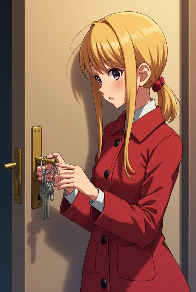 An anime-style blonde girl in a red coat standing next to a door, carefully sorting through a set of keys to open it. The keys and the keyhole on the door are clearly visible. The scene captures her focused expression and the intricate details of her hands handling the keys.