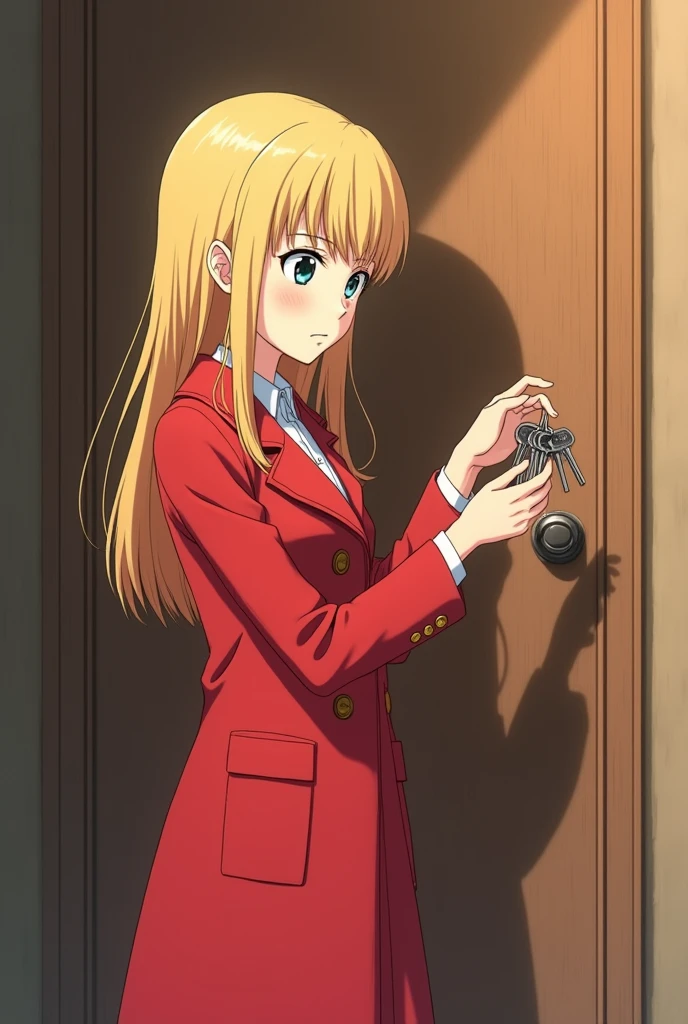 An anime-style blonde girl in a red coat standing next to a door, carefully sorting through a set of keys to open it. The keys and the keyhole on the door are clearly visible. The scene captures her focused expression and the intricate details of her hands handling the keys.