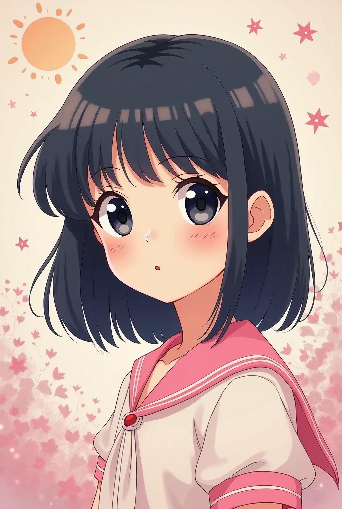 create an image in the Sailor Moon style of a girl with straight black hair to her shoulders, black eyes and a small nose