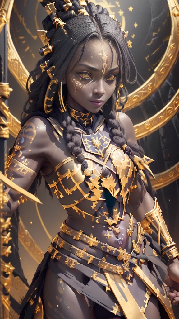 Create an image of a black ninja after an apocalypse in the future, afro cabelo caindo para frente, Rasta type but braided, corpo inteiro, vestindo um traje indiano ribulo africano corpo inteiro, A realistic 4K phoenix with blue feathers, dourado, cosmico , com uma Moreno, de cabelo afro cabelo caindo para frente, Rasta type but braided, Estilo Art Vista de Corpo Inteiro, plano completo, vista frontal, Vista lateral, vista traseira, de personagem, Multiple views and poses, various points of view, um personagem, corpo inteiro, personagem com menos, estilo de roupa, no mesmo Estilo de cabelo, less Type of footwear, strong full-body vision, plano completo, vista frontal, vista traseira, design de personagem, Multiple views and poses, various points of view, de um personagem, corpo inteiro,, personagem com mesmo, estilo de roupa, no mesmo Estilo de cabelo, same type of footwearThe route follows the cores of the Cape Verde flag. The top is deep blue, simbolizando o oceano que cerca as ilhas. The chest and the central part are white, representando a paz e a unidade do povo cabo-verdiano. The sleeves and legs are red, denoting determination and spirit, do 10 Estrelas Douradas, : Ten gold stars are prominently displayed at the top of the costume, ao longo do peito e ombros, representando as 10 principais ilhas de Cabo Verde. Cada estrela, It is carefully detailed and shines brightly against the background Star Belt A wide belt, also golden, is used in Tribal Details, O traje incorpora elementos tribais discretos em seu design, referencing the cultural heritage of Cape Verde