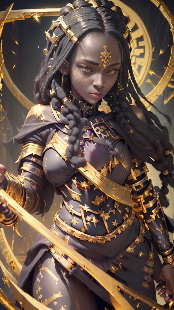 (((Close up upper body picture))), (((1 woman))), Top quality, Intricate details , (Fine skin, Shiny skin, Shiny hair, Pale complexion), A ebony woman, ((standing holding a spear)), (happyness look:1.4), (wearing black and golden battle outfit:1.8), (long dreadlock hairstyle:1.3), (reflective yellow eyes:1.3), (tribal tattoo:1.5), looking at the viewer