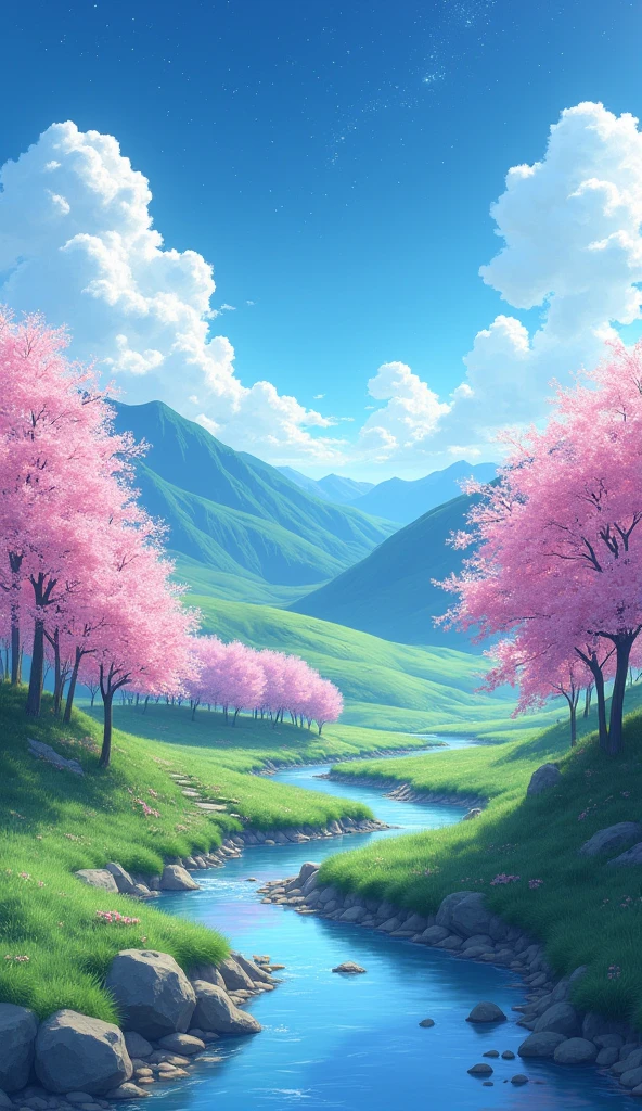 Viral anime nature wallpaper in 4K quality, in the style of illustration inspired by Rumiko Takahashi, featuring a picturesque valley with rolling hills, blossoming cherry trees, and a clear river flowing through; soft and pastel color temperature, cosmos lighting with stars twinkling in the sky, no human characters, the atmosphere is calm and idyllic --v 5 --stylize 1000