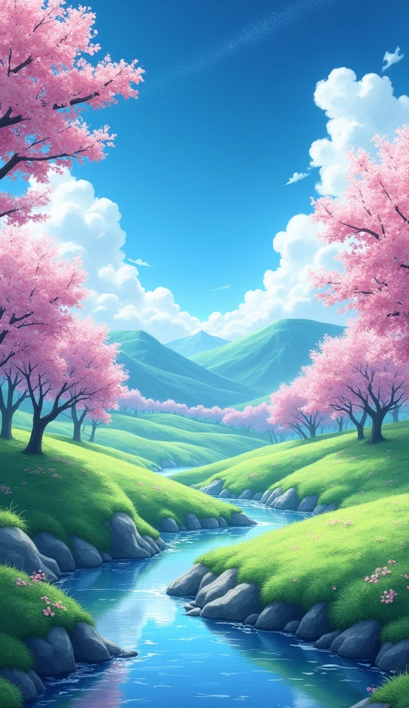 Viral anime nature wallpaper in 4K quality, in the style of illustration inspired by Rumiko Takahashi, featuring a picturesque valley with rolling hills, blossoming cherry trees, and a clear river flowing through; soft and pastel color temperature, cosmos lighting with stars twinkling in the sky, no human characters, the atmosphere is calm and idyllic --v 5 --stylize 1000