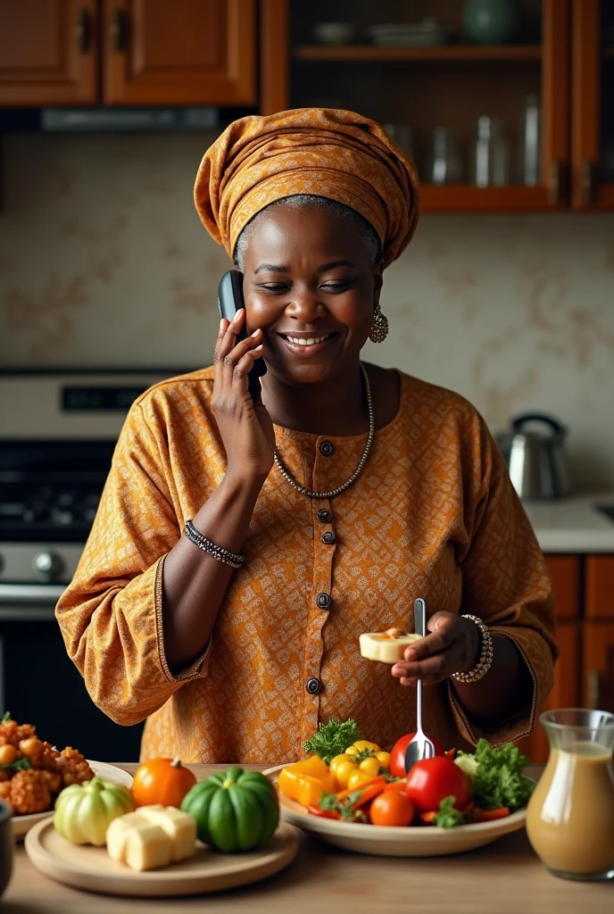An beautiful African grandmother in the kitchen using one hand to receive call and the other to pick a plate. The plate should have fresh Nigerian vegetables . The image size should be 16:4